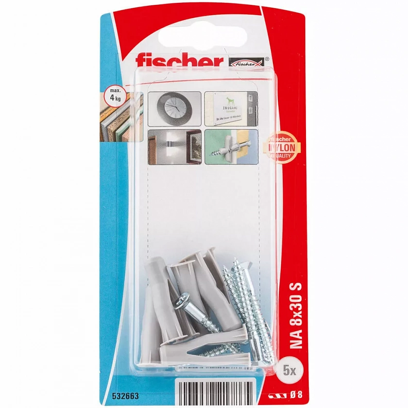 Дюбель нейлоновый fischer NA S K NV с потайным шурупом для листовых материалов, 8x30/4x40 мм
