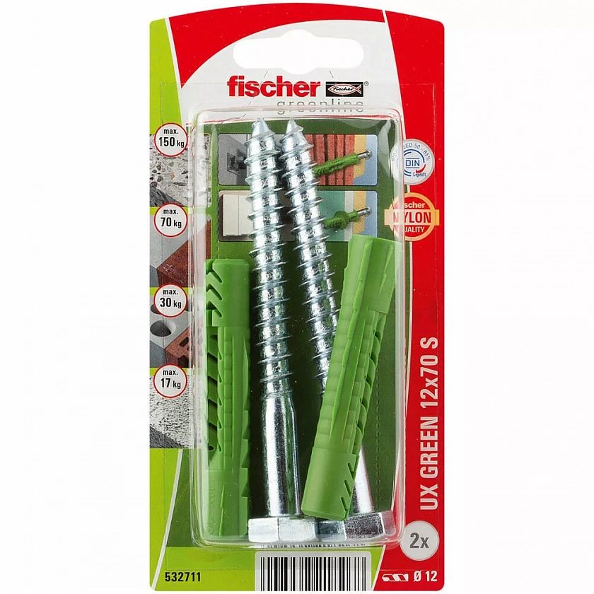 Дюбель универсальный fischer UX Green R S K NV с шестигранным шурупом ЭКО, 12x70/10x100 мм