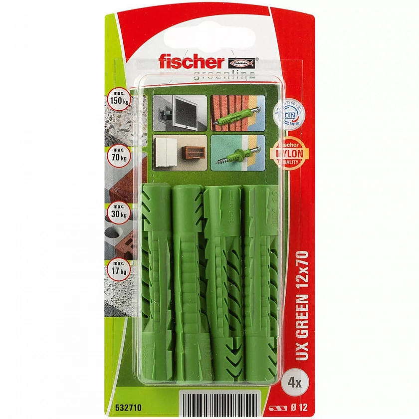 Дюбель универсальный fischer UX Green K NV без кромки экологически чистый нейлон, 12x70 мм