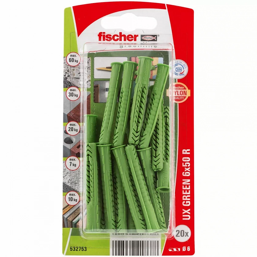 Дюбель универсальный fischer UX Green R K NV с кромкой экологически чистый нейлон, 6x50 мм