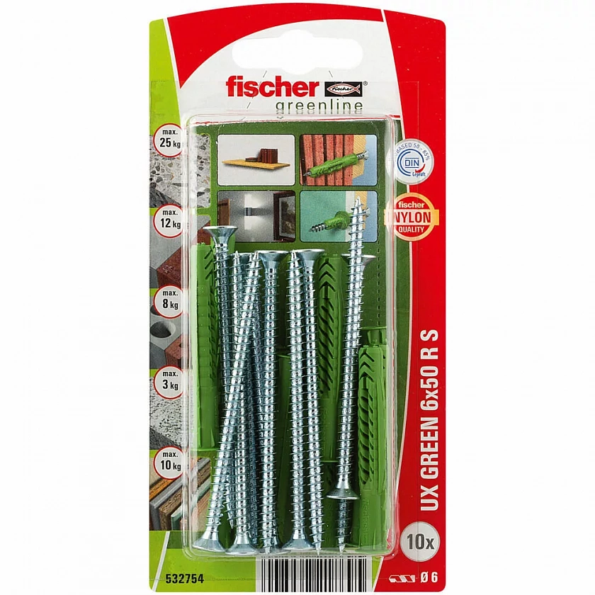 Дюбель универсальный fischer UX Green R S K NV с потайным шурупом ЭКО, 6x50/4.5x60 мм