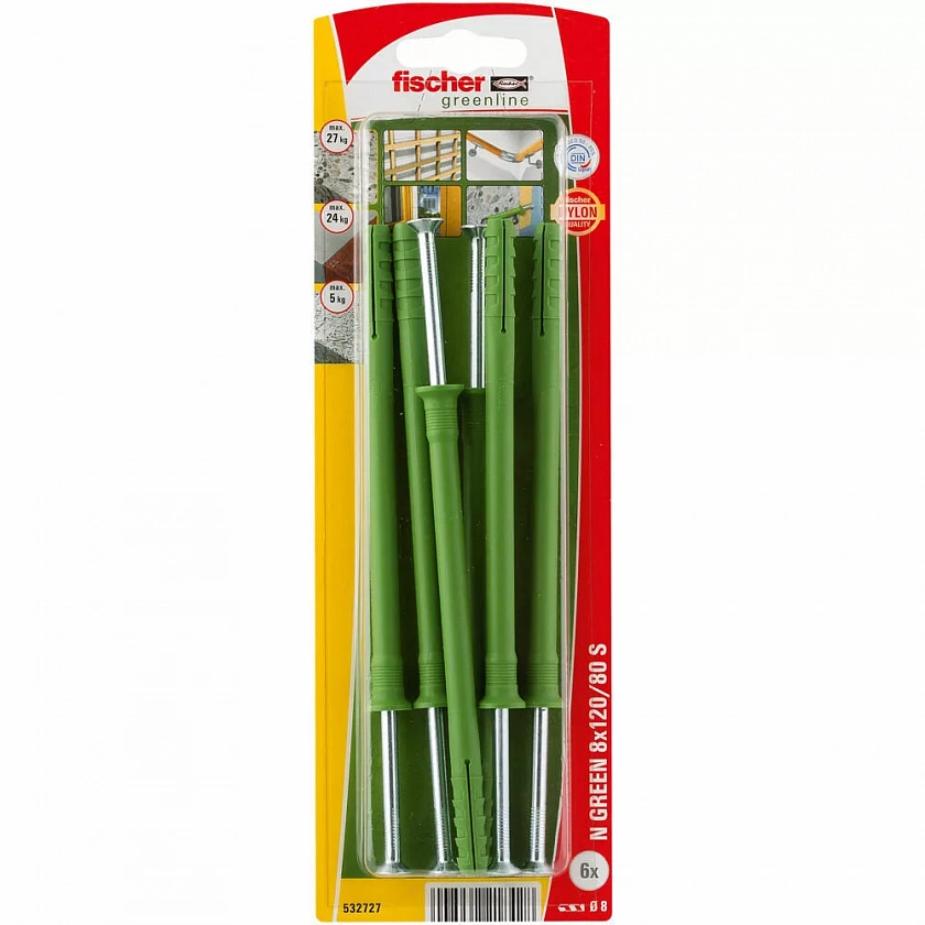 Дюбель-гвоздь fischer N S Green K NV с потайным бортиком и шурупом ЭКО, 8x120/80 мм